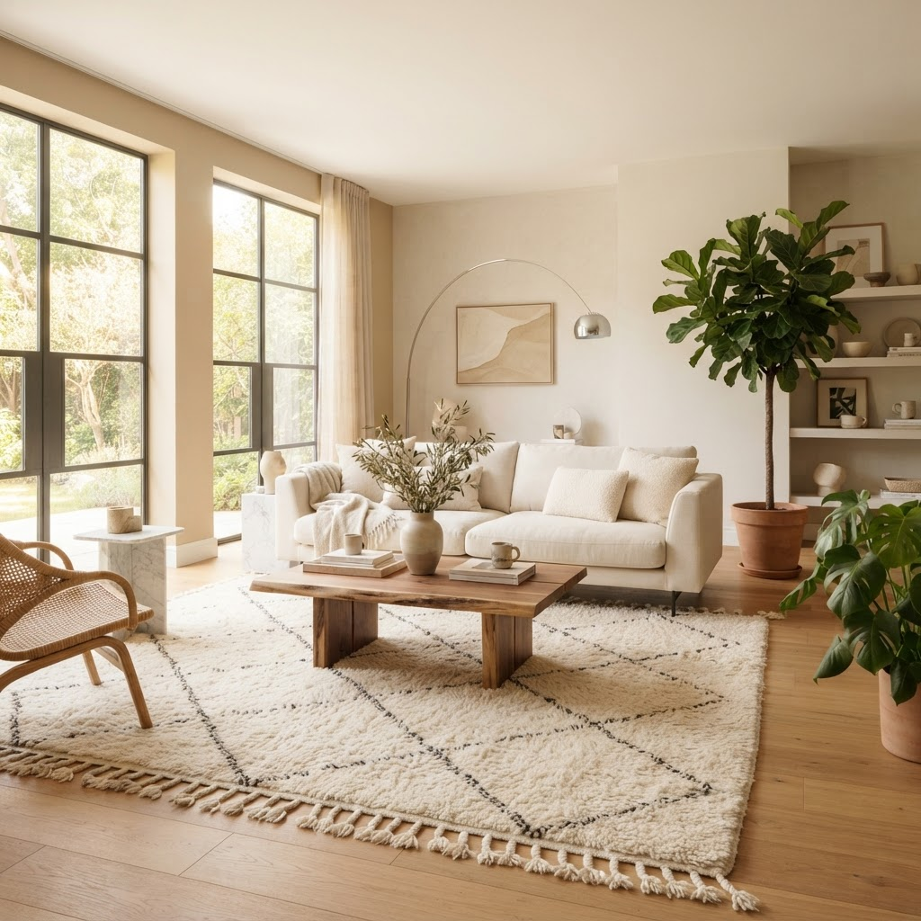 Handmade Moroccan rug in a modern, light-filled living room